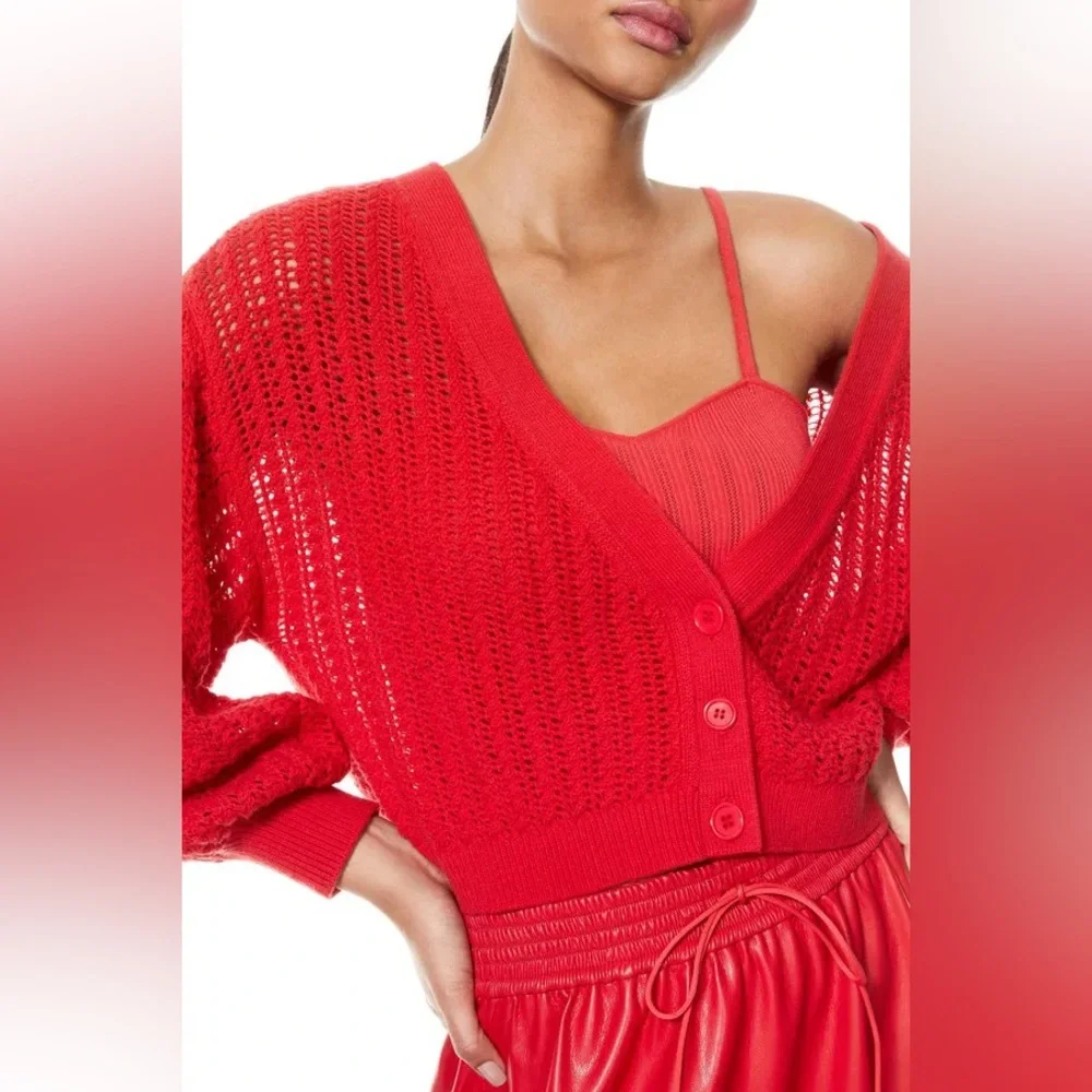 Alice + Olivia Red Windsor Deep V-Neck Slouchy Knitted Cardigan Sweater Wool XS - Picture 9 of 16